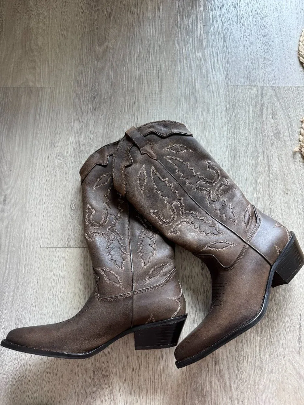 ZARA Tall Leather Cowboy Boots | Distressed Brown | Embroidered | NWT | Size